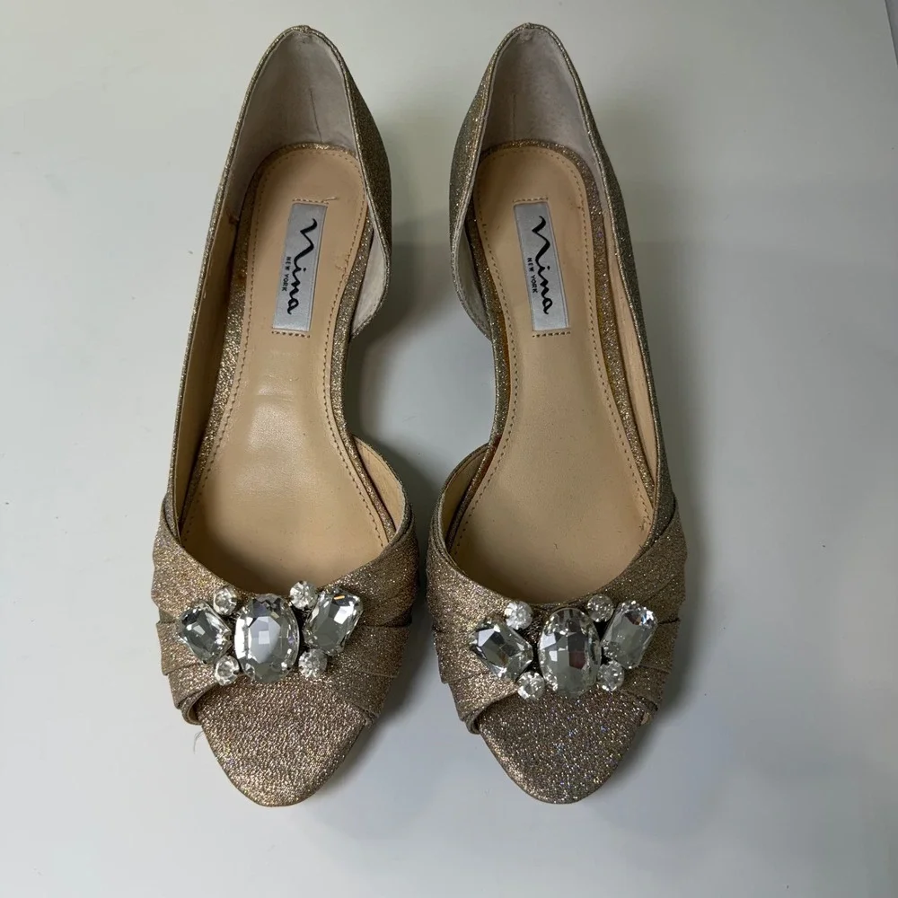 Nina Romina-YF Taupe Glitter Crystal Embellished Peep Toe‎ Wedge Sandals 7.5M